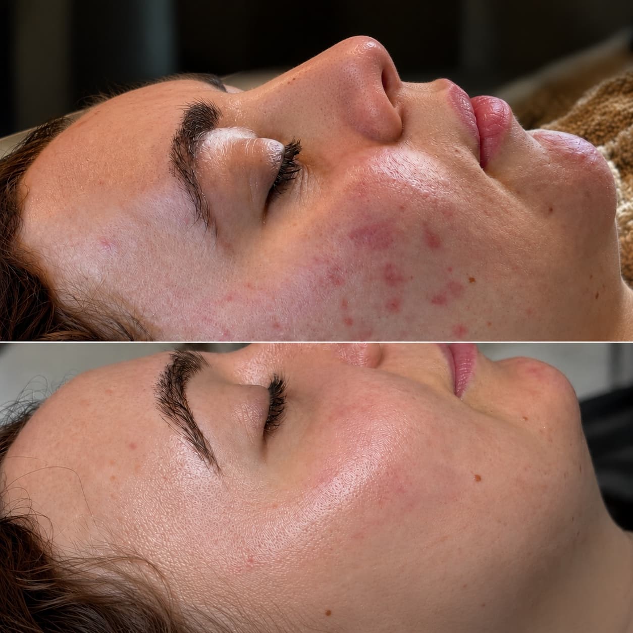Before and after Aerolase acne treatment: a client in profile with red acne marks on the cheek above, and visibly clearer, calmer skin below