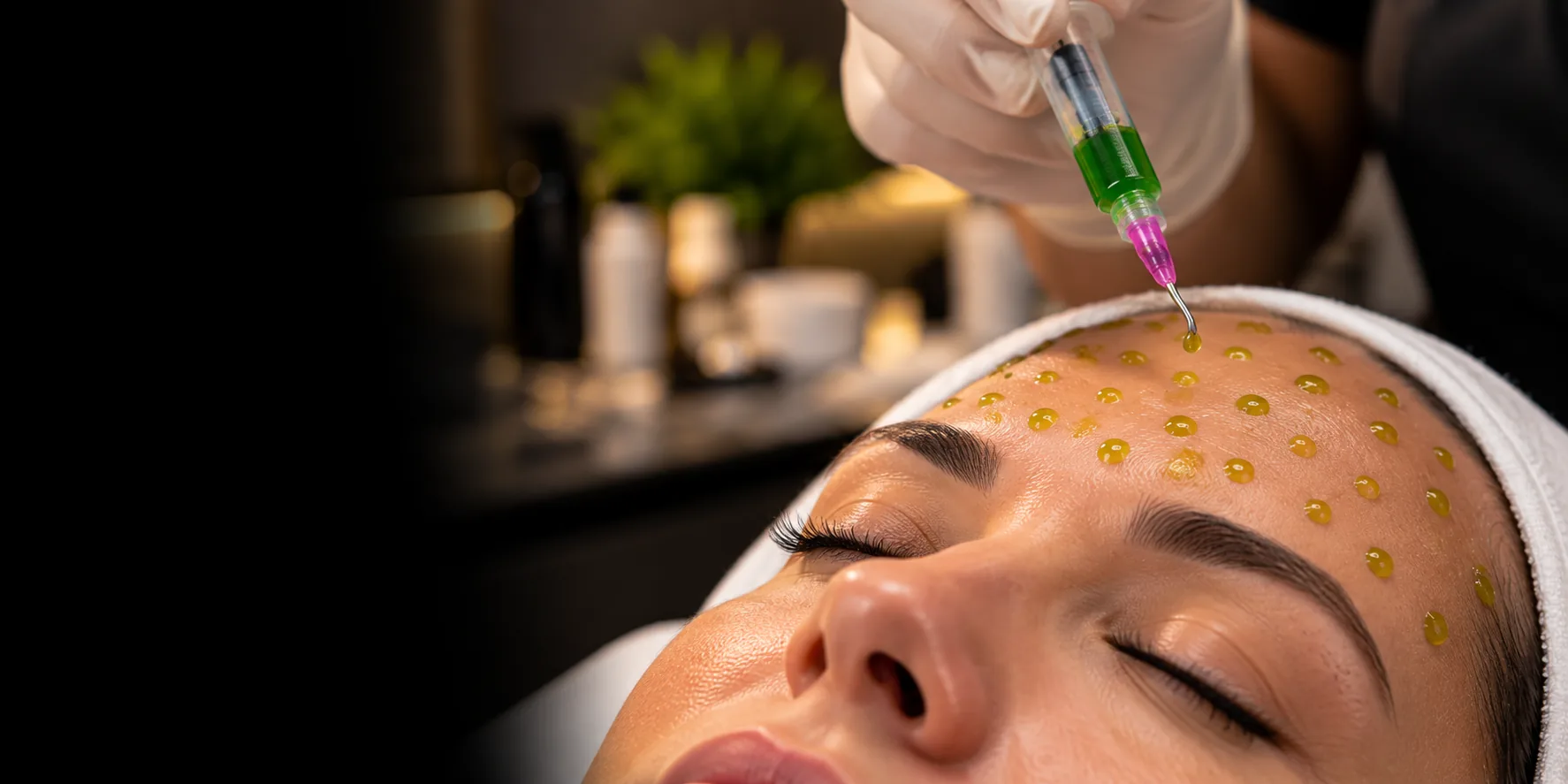 Close-up of a woman reclining in a white headband as a gloved hand drops green peel solution from a syringe onto her forehead, fading into black on the left