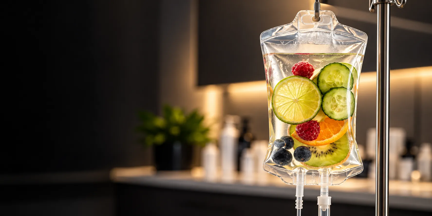 Clear IV bag filled with water, lime, cucumber, orange, kiwi and berries hanging from a chrome stand in a dark spa room, fading into black on the left