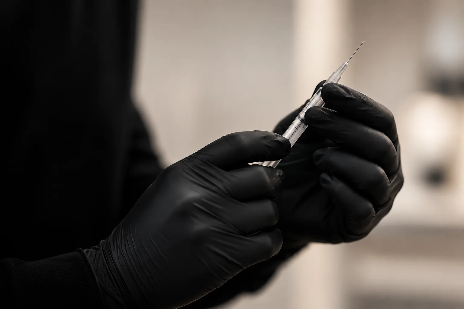 Black-gloved hands holding a syringe, fading into black on the left