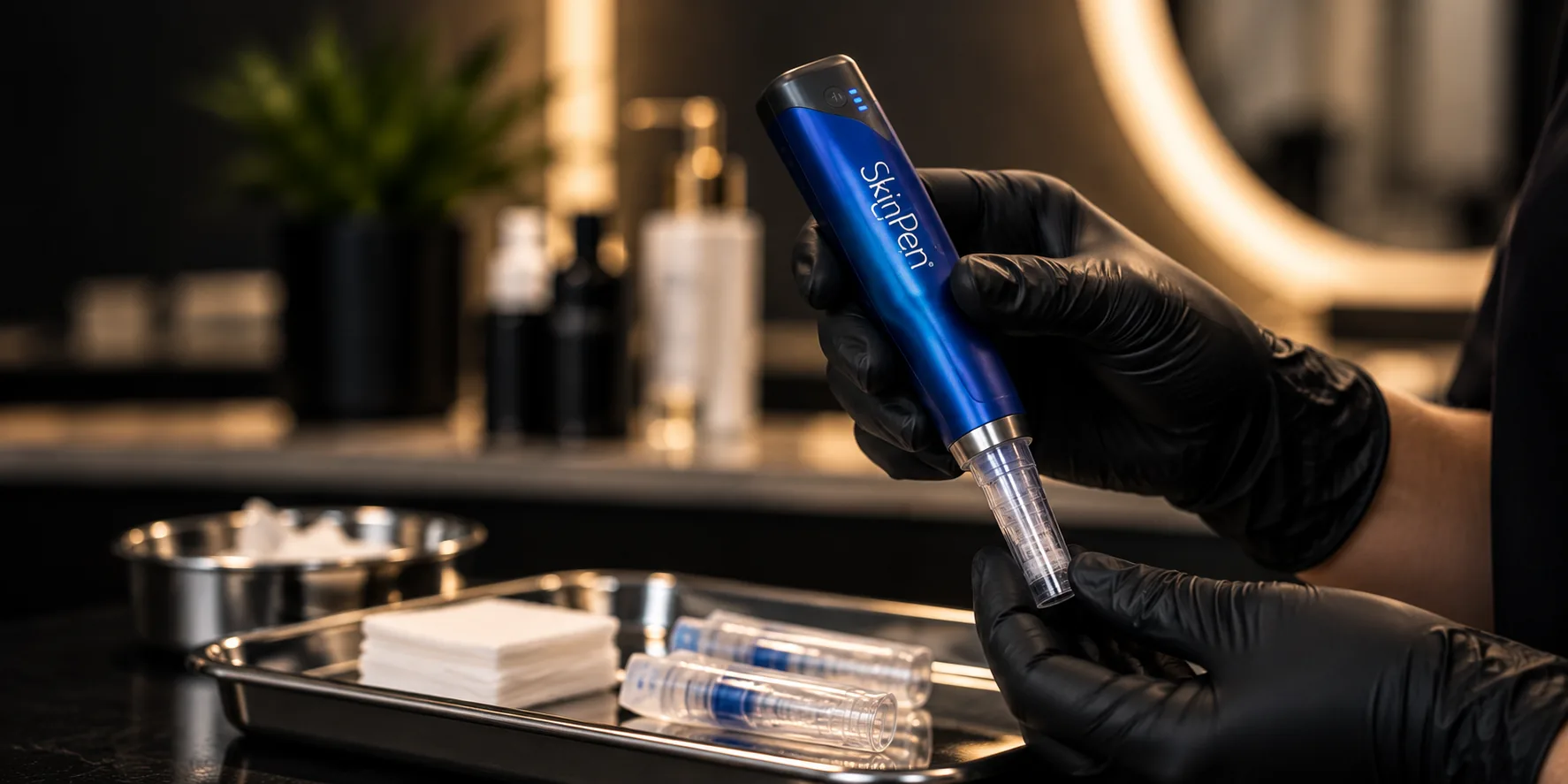 Black-gloved hands holding a blue SkinPen device above a tray of needle cartridges in a dimly lit treatment room, fading into black on the left