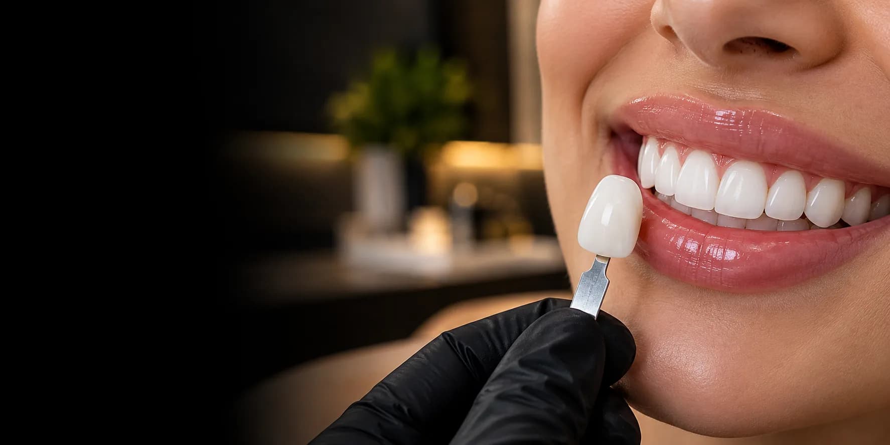 Close-up of a smiling woman with bright white teeth as a gloved hand holds a tooth shade guide beside her lips, fading into black on the left