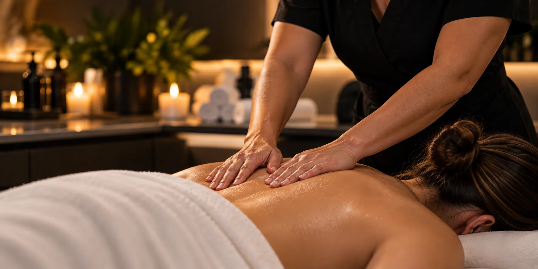 Massage therapist pressing both hands onto a client’s back in a warmly candlelit spa room, fading into black on the left
